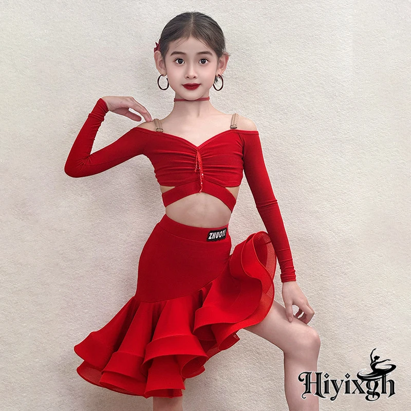 2026 Latin Dance Costume For Girl Red Long Sleeve Top Flounce Skirt Set Children Performance Stage Clothes Latin Outfit