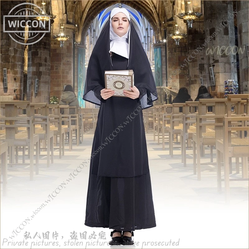 Nun Costume Halloween Costumes Cosplay Medieval Women Adult Blessed Church Costume Carnival Stage Costume Party Dress Up Props