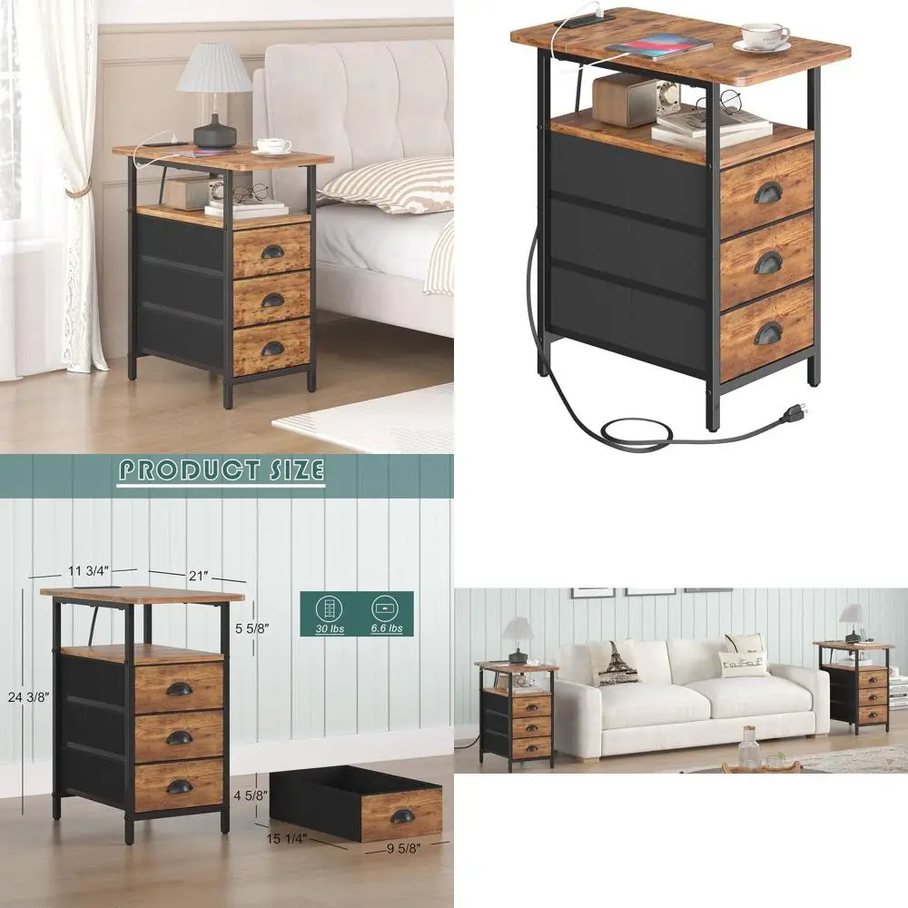 

Charging Station End Table, USB & Outlet Side Tables for Living Room, 3-Drawer Narrow Nightstands, Slim Sofa Table in Rustic Bro