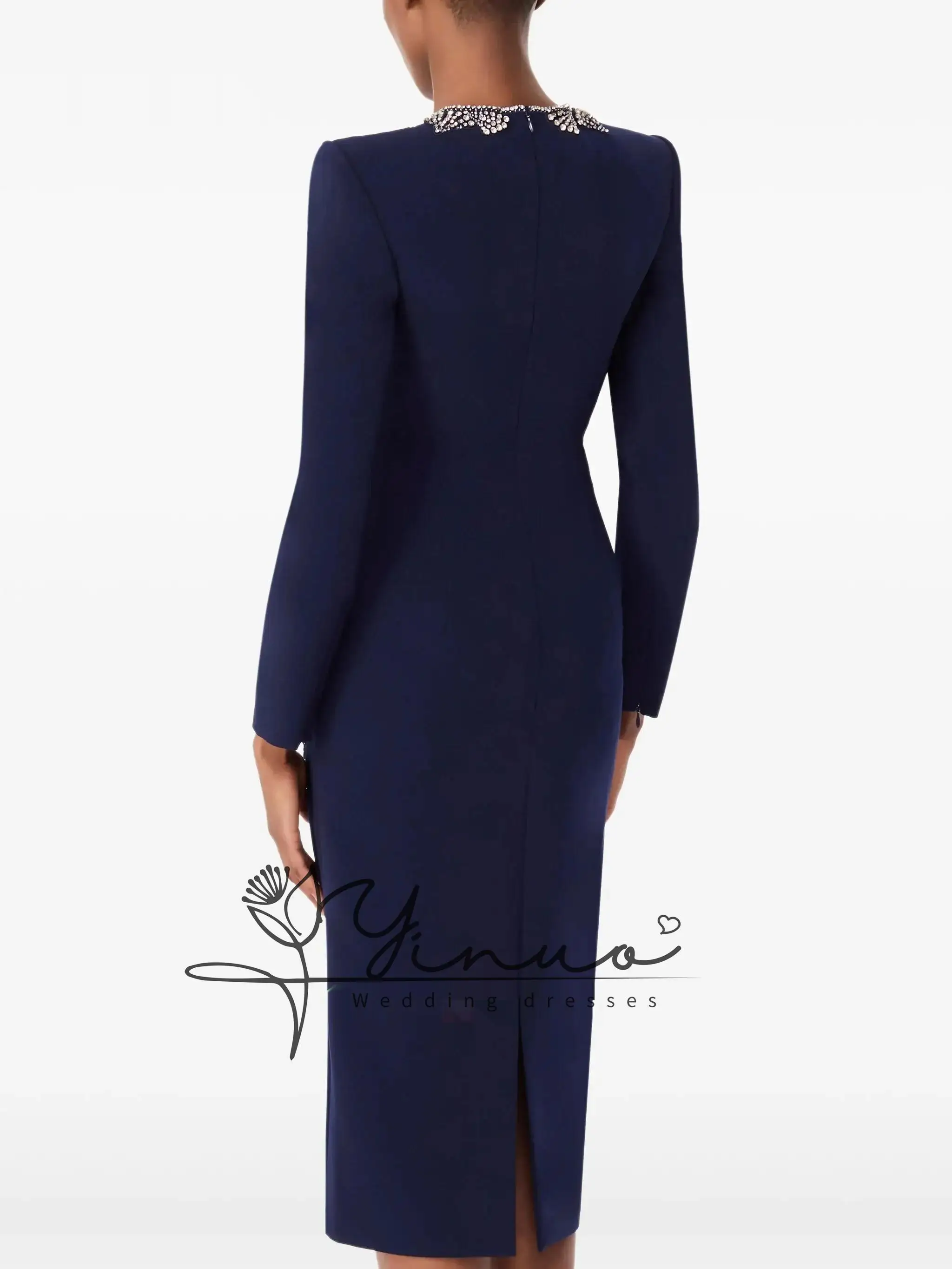 Gaun Prom Lengan Panjang Leher-o Lurus Krep Kustom Gaun Malam Kristal Gaun Midi