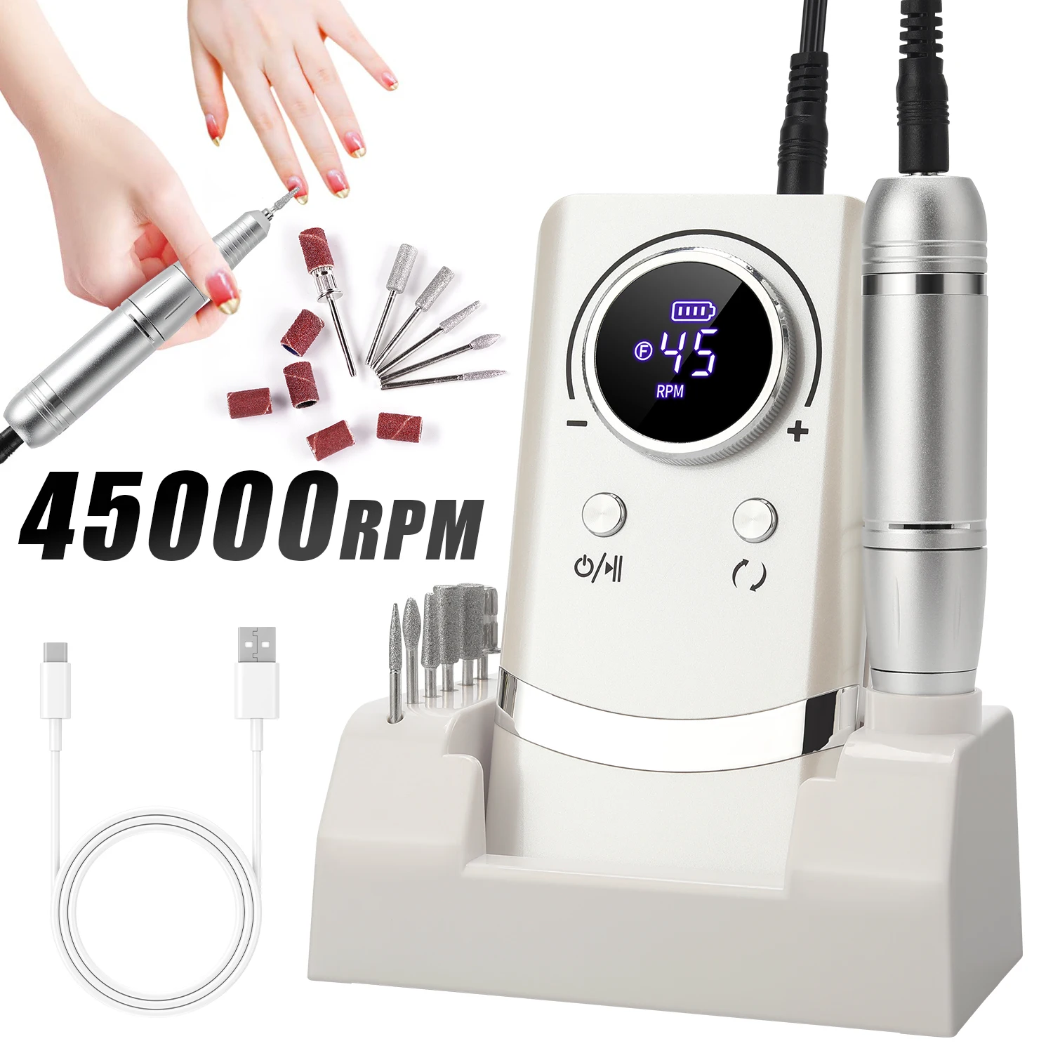 Nieuwe 45000 RPM professionele oplaadbare nagelboormachine met LCD-scherm Geluidsarme professionele nagellakschuurmachine
