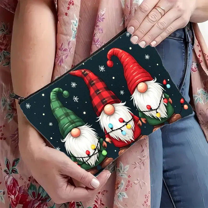 2D Flat Christmas Gnome Print Zipper Makeup Pouch - Festive Holiday Cosmetic Organizer, Lightweight & Portable Travel Bag Gifts