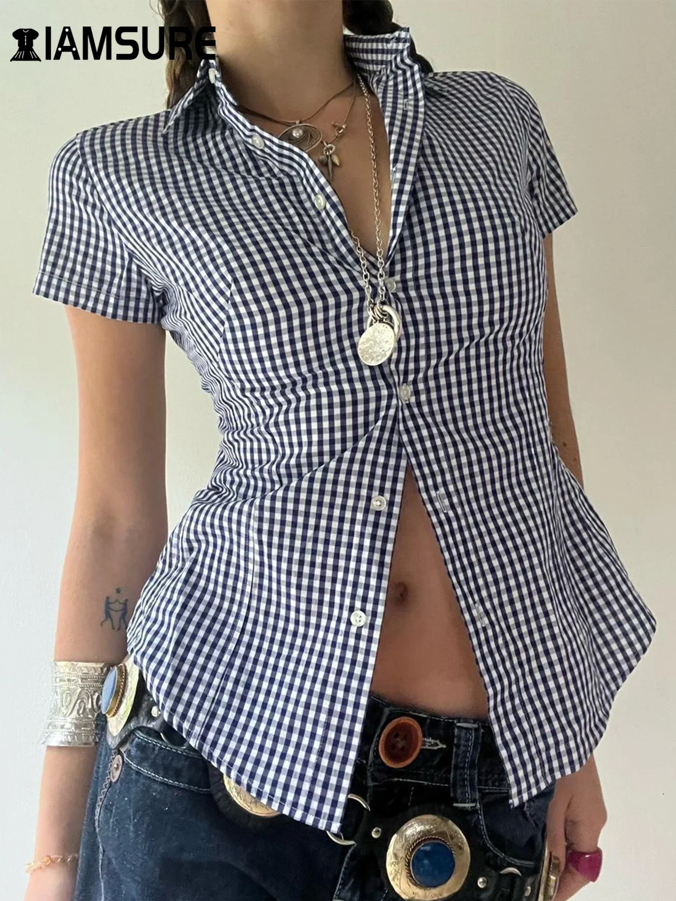 IAMSURE Elegant Fashion Basic Plaid Blouse Casual Slim Turn-Down Collar Short Sleeve Shirts Women 2024 Summer Streetwear Ladies