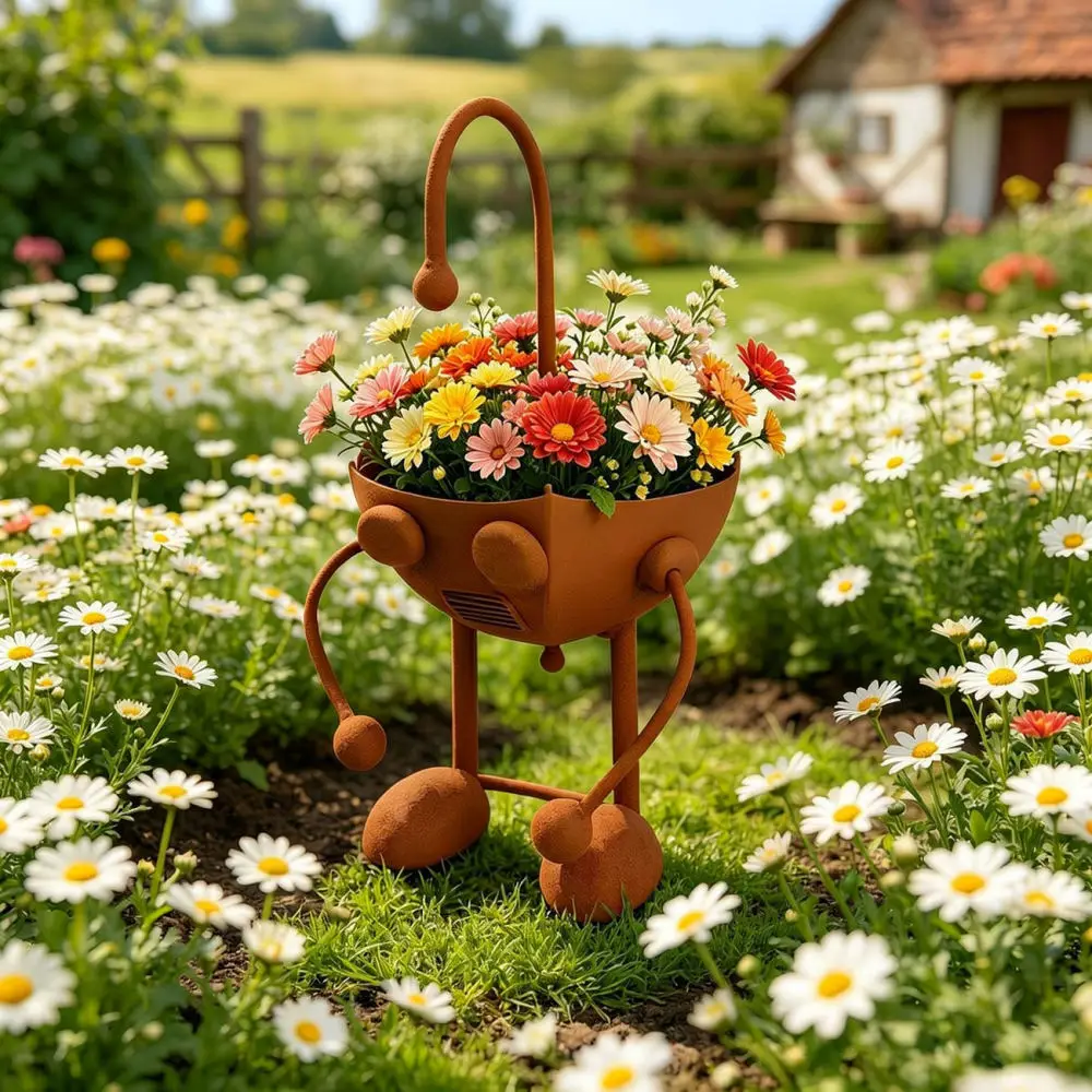 Industrial Robot Iron Flower Pot Retro Garden Ornament Decorative Metal Planter Succulent Container Home Decoration
