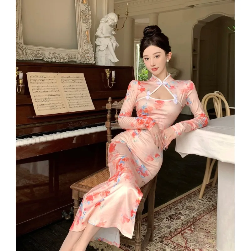 Emagrecimento impresso oco para fora gola longa sve midi dr coreano sle cintura alta seda poliéster primavera outono dr