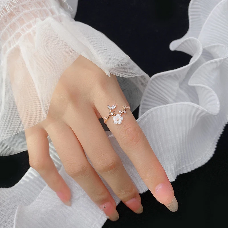 Modian New 925 Sterling Silver Radiant Zircon Leaves White Shell Flower Free Size Ring for Women Plant Ring Original Jewelry 4