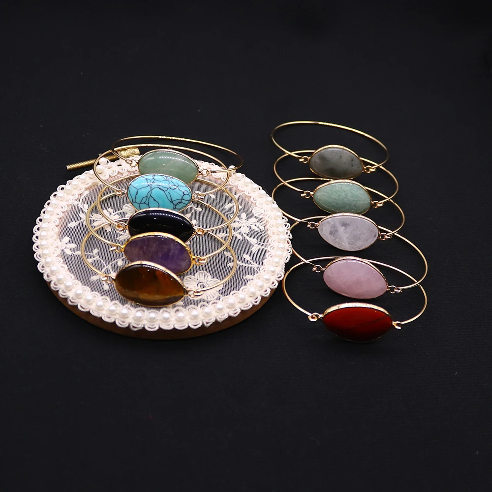 Fashion Gold-Plated Women's Open Bangle Bracelet With Inlaid Polished Natural Stone Amethyst Green Aventurine Jewelry Gift 1pc #2