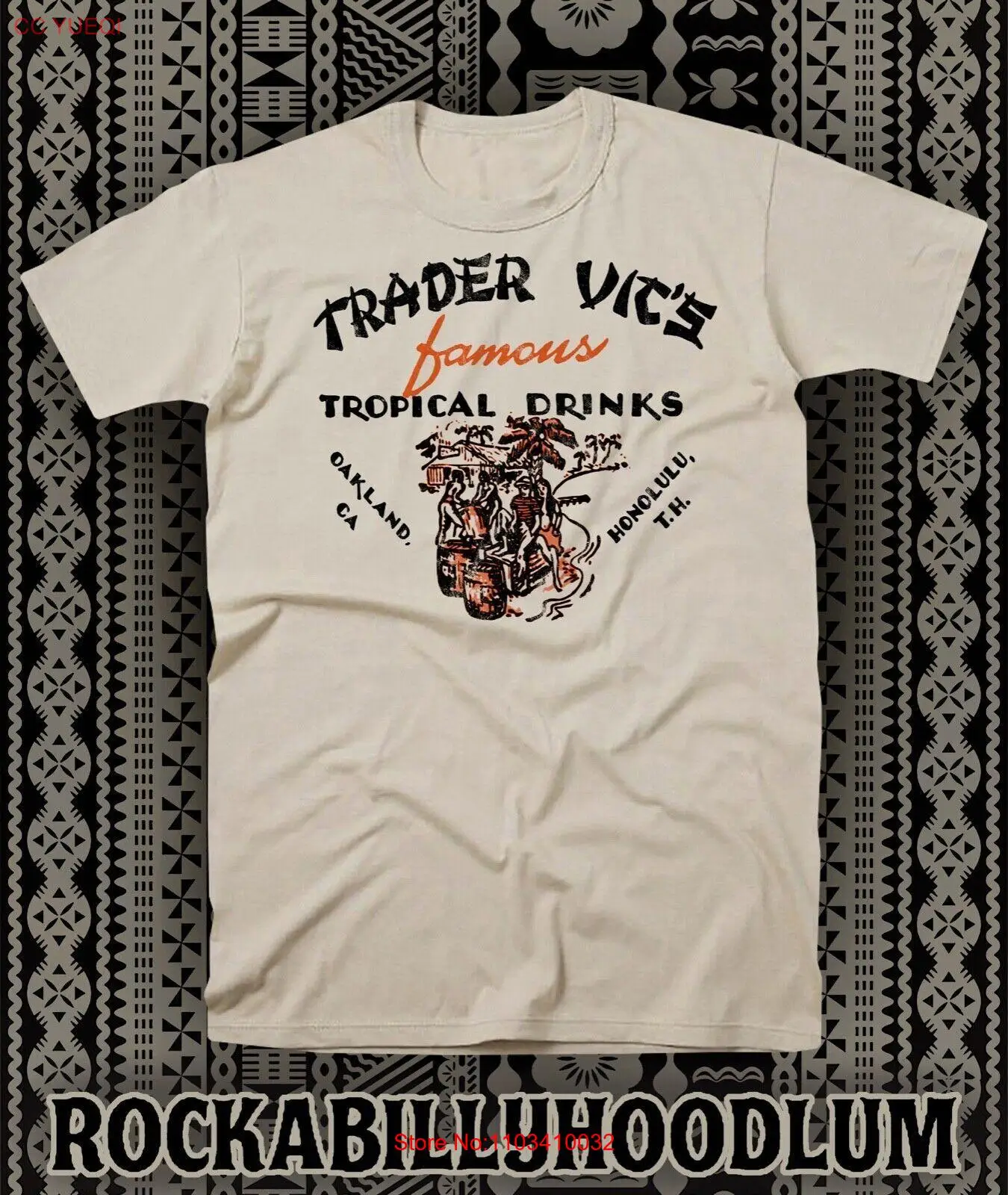 Retro Tiki T Shirt 100% Cotton Bar Mug Restaurant Trader Vics Tropical Drinks