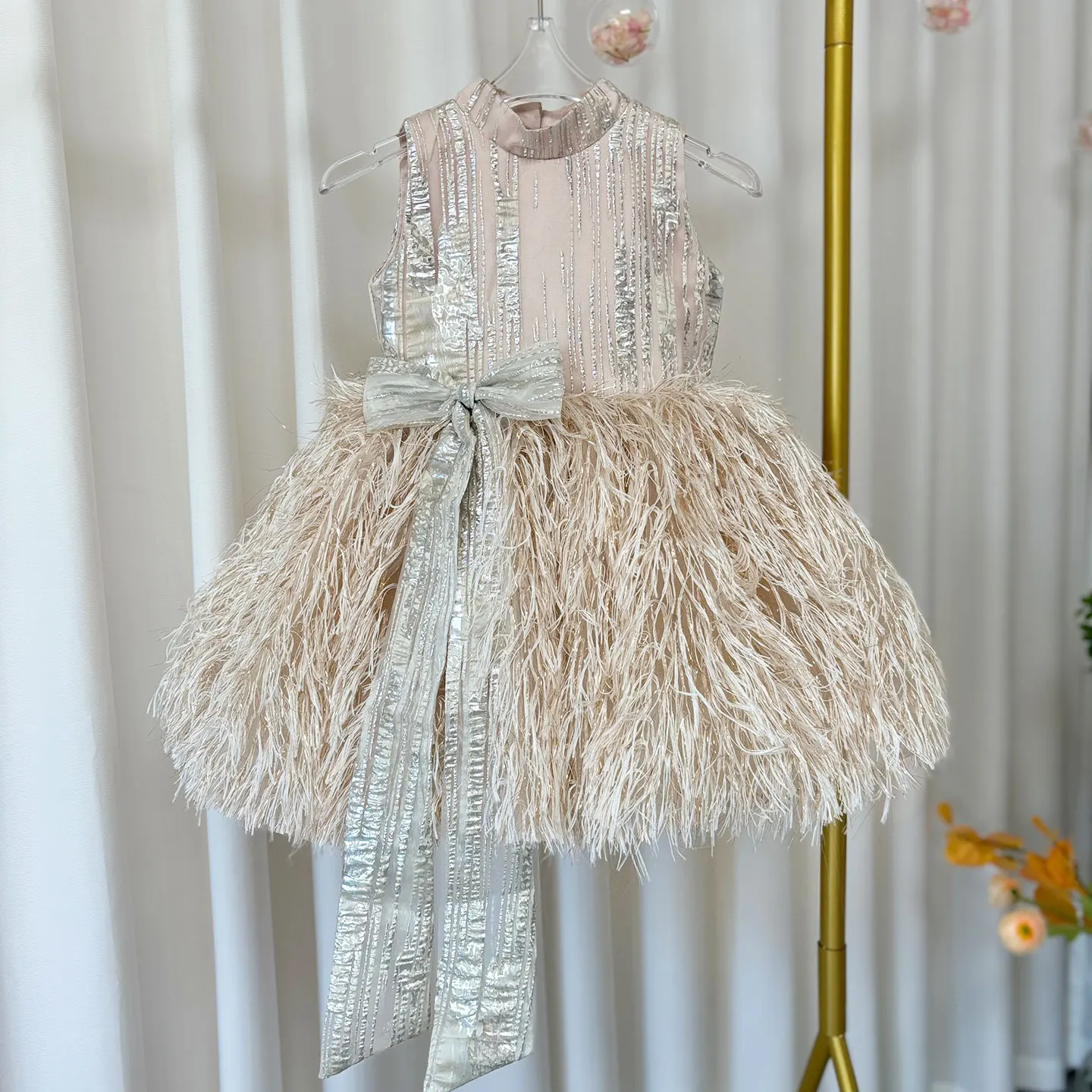 Jill Wish Luxury Champagne Girl Dress Feathers Dubai Kids Pink Wedding Birthday Communion Party Gowns vestido de Pageant J323