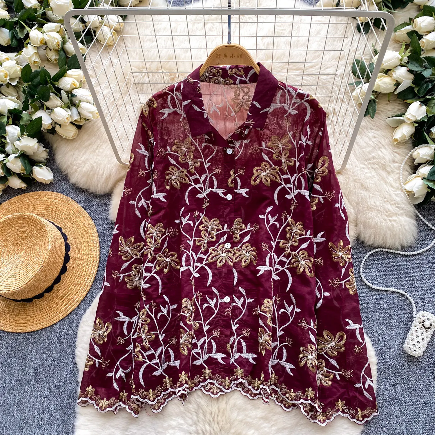 

Women's Spring Shirt French Style Floral Embroidery Shirt Korean Loose Fit, Slimming Versatile Cardigan Top Female Blouse BL397