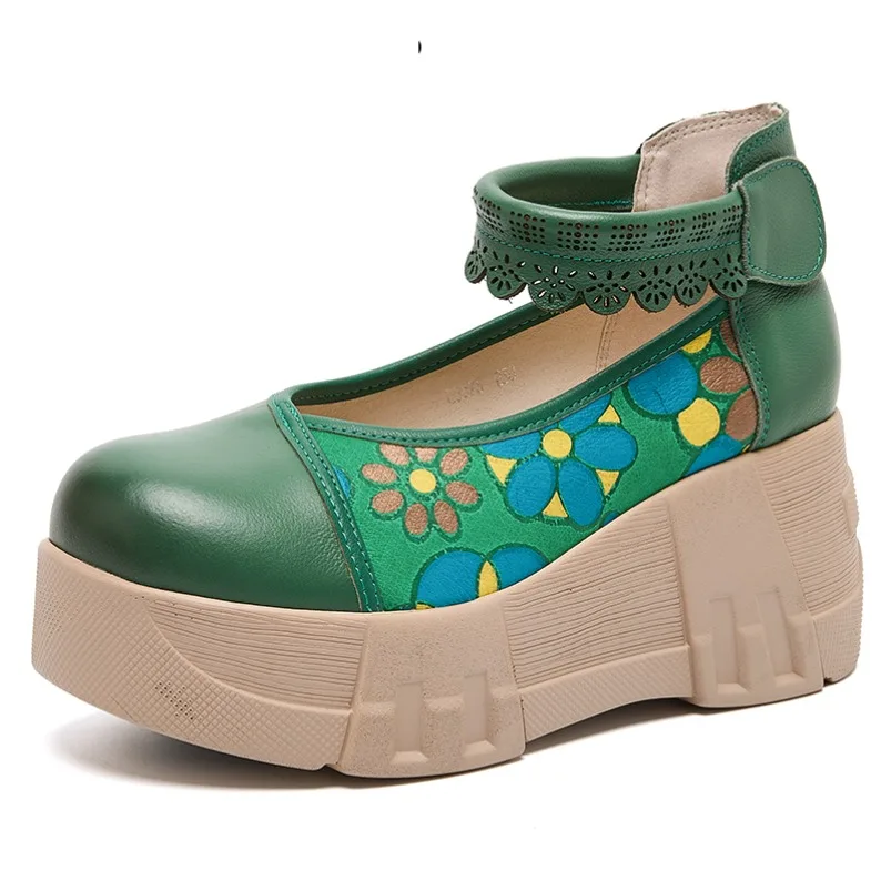 

Fujin 7cm Print Genuine Leather Mary Jane Shoes Pumps Luxury Hook Women Ladies Summer Round Toe Platform Wedge Ethnic Cow