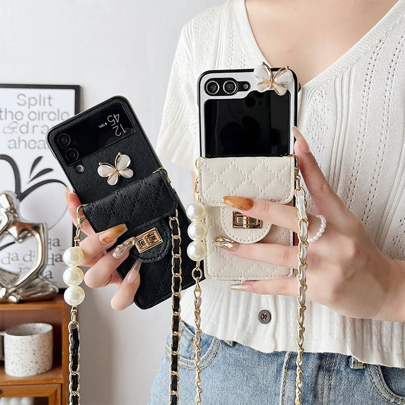 Bling Diamond Butterfly Lambskin Card Bag Crossbody Long Metal Chain Leather Case Cover For Samsung Galaxy Z Flip 6 5 4 3 5G