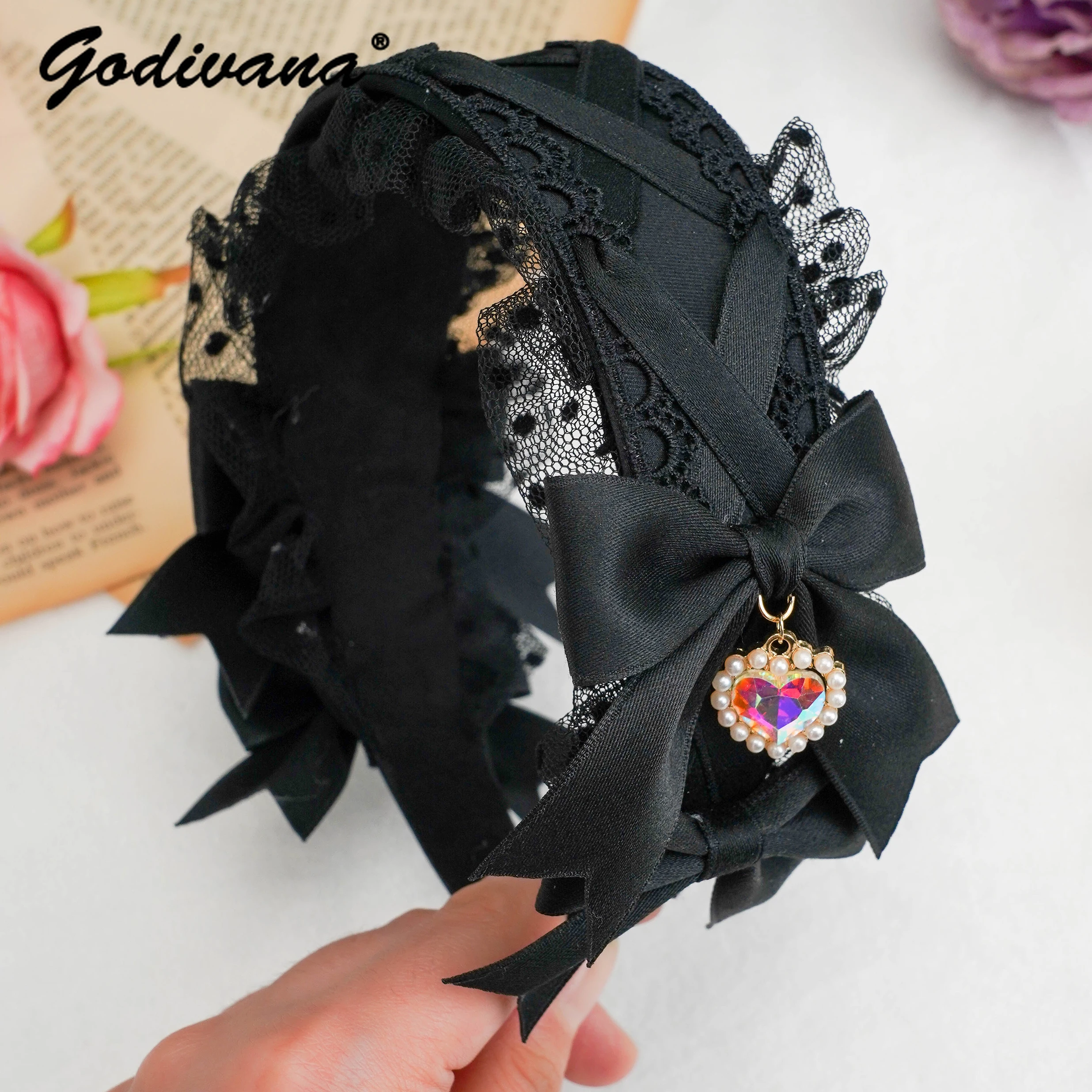 Lolita Hairband Lace Bow New Headwear Sweet Heart Shape Rhinestone Pendant Headband Japanese Style Hair Accessories for Women