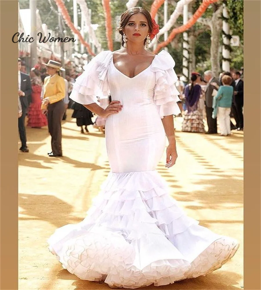 Classy Flamenca Mermaid Wedding Dress Short Sleeve Tiered Ruffles Garden Gypsy Celtic Garden Outdoor Bridal Gowns Customized