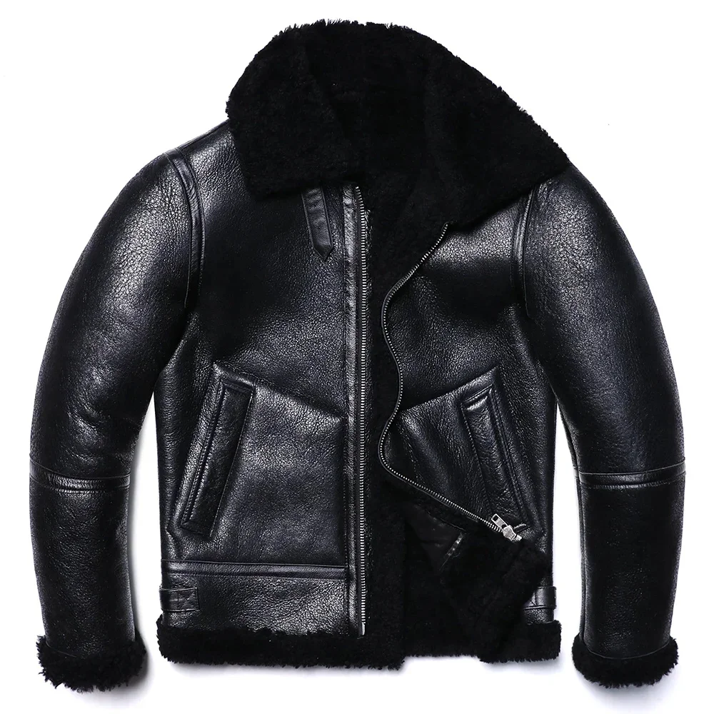 B2 Style Black Thick Sheep Shearling Wool Leather Jacket Original Ecological Fur Genuine Sheepskin Male Warm Coats Flight