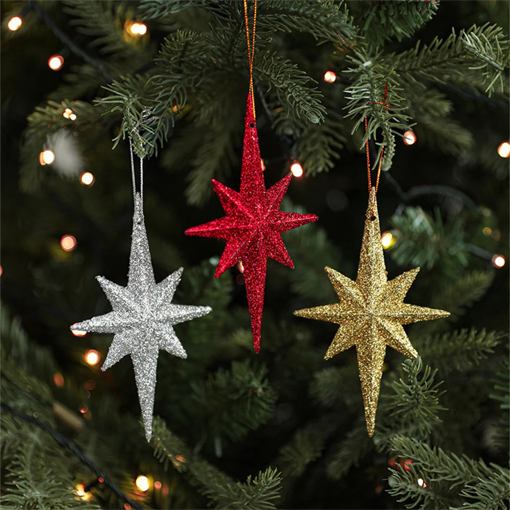 2PCS Explosive Star Christmas Tree Pendant Glitter Octagonal Star Xmas Ornament Door Hanging Decor Navidad New Year Home Decor