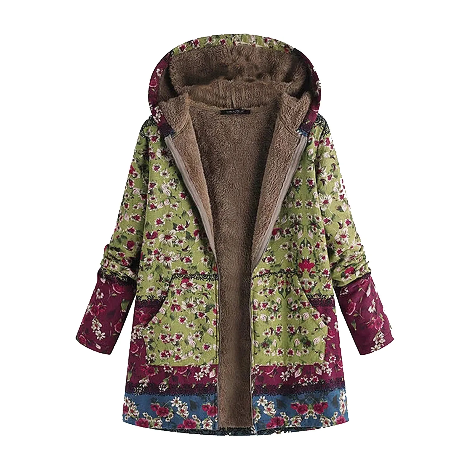 Ladies Long Sleeve Hooded Thick Composite Plush Vintage Flower Print Plus Size Hooded Jacket