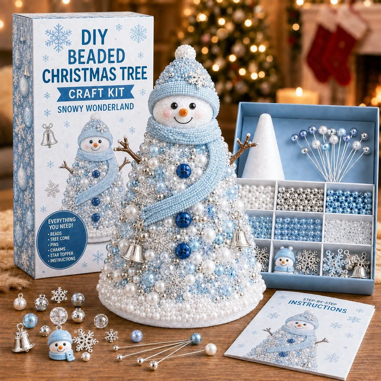 DIY-Set für einen handgefertigten Weihnachtsbaum mit Perlen – Mini-Schneemann aus Kristallperlen, Weihnachtsdekoration für den Schreibtisch.