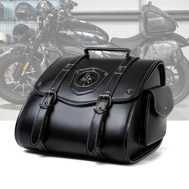 Punk Style Motorcycle Saddle Bag 1pcs Retro Leather Skull Rivet Side Tool Bag for Cafe Racer E-Bike Rider Premium Storage Gear