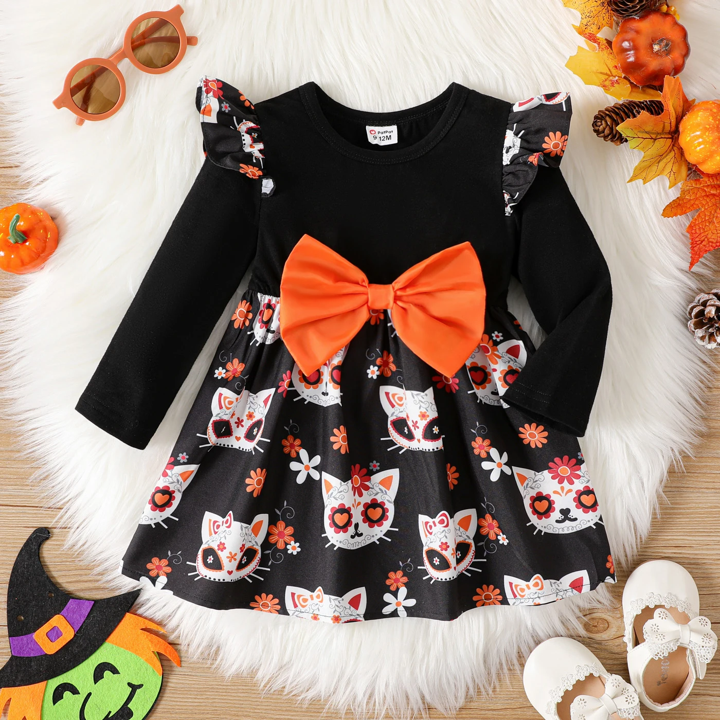 

PatPat Halloween Baby Girl 95% Cotton Long-sleeve Bow Front Spliced Allover Print Dress