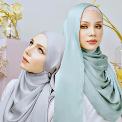 Plain Satin Silk Shawl Crinkle Chiffon Scarf For Women Muslim Hijab Solid Color Long Muffler Ladies Headband 180*70cm