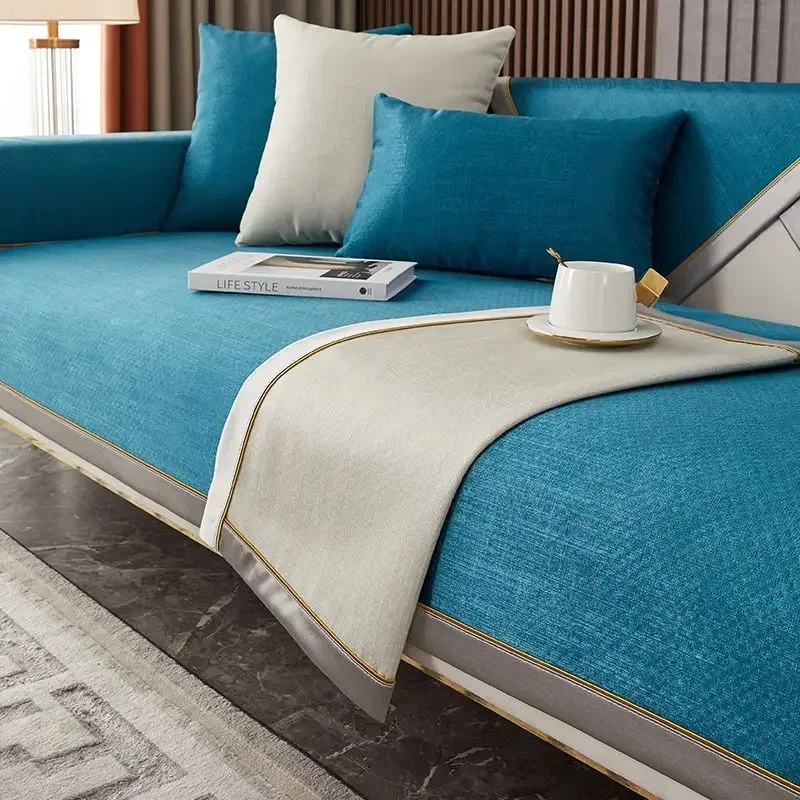 

Four Seasons Universal Chenille Sofa Cover Sofa Pad Solid Color Striped Sofa Mat for Living Room Non-Slip L Shaped Couch Cushion