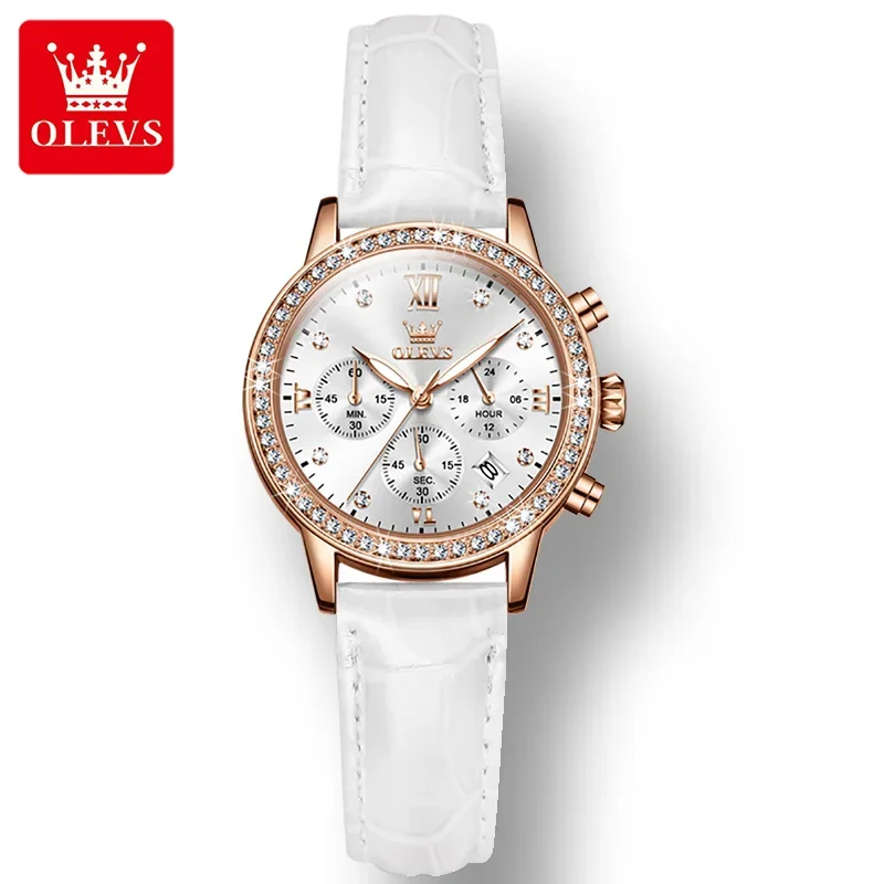 

OLEVS 9933 Complication Simple Diamond Quartz Watches for Women PU Strap Waterproof Fashion Women Wristwatch Chronograph