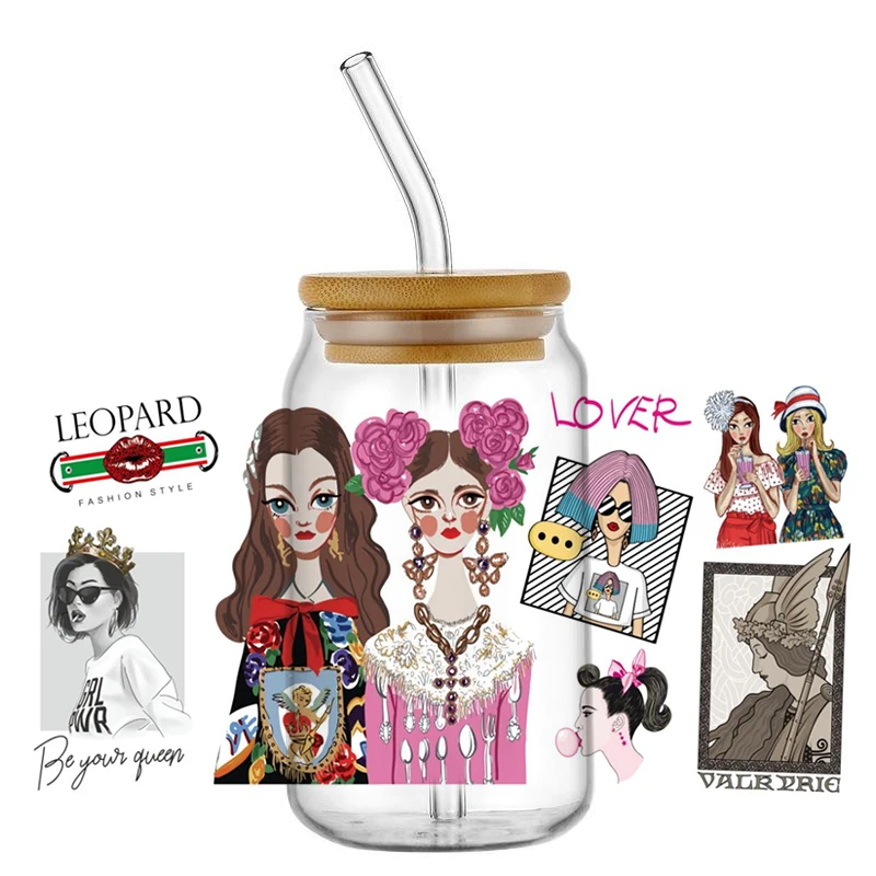 Pegatina de transferencia 3D UV DTF para mujer, diseño de moda Vintage, bricolaje para taza de vidrio libre de 16oz, calcomanías de envoltura impermeables