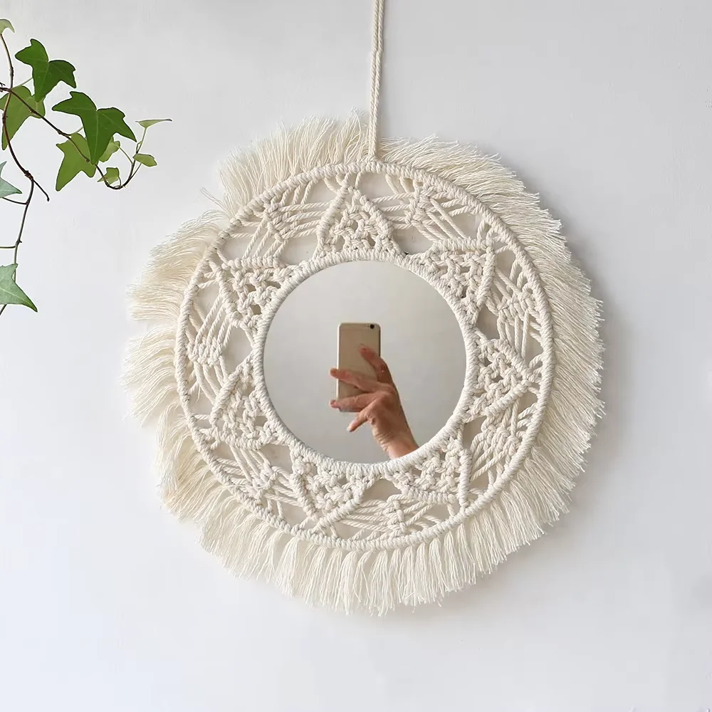 Nordic Hand Woven Contemporary Design Tapestry Macrame Mirror for Wall Use Macrame Furniture