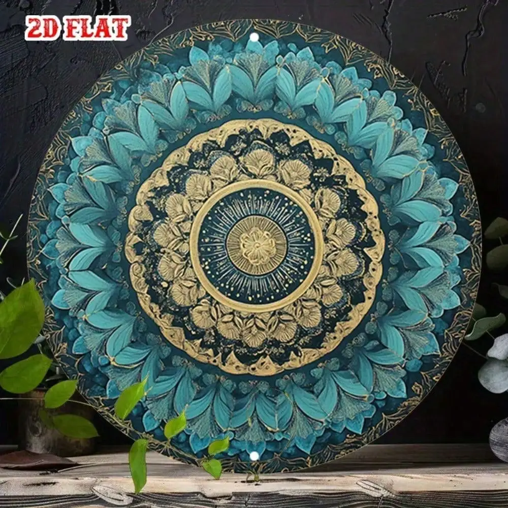 **Retro Metal Wall Art Sign 7.8 Inch Round Vintage Mandala Decor Teal Gold**