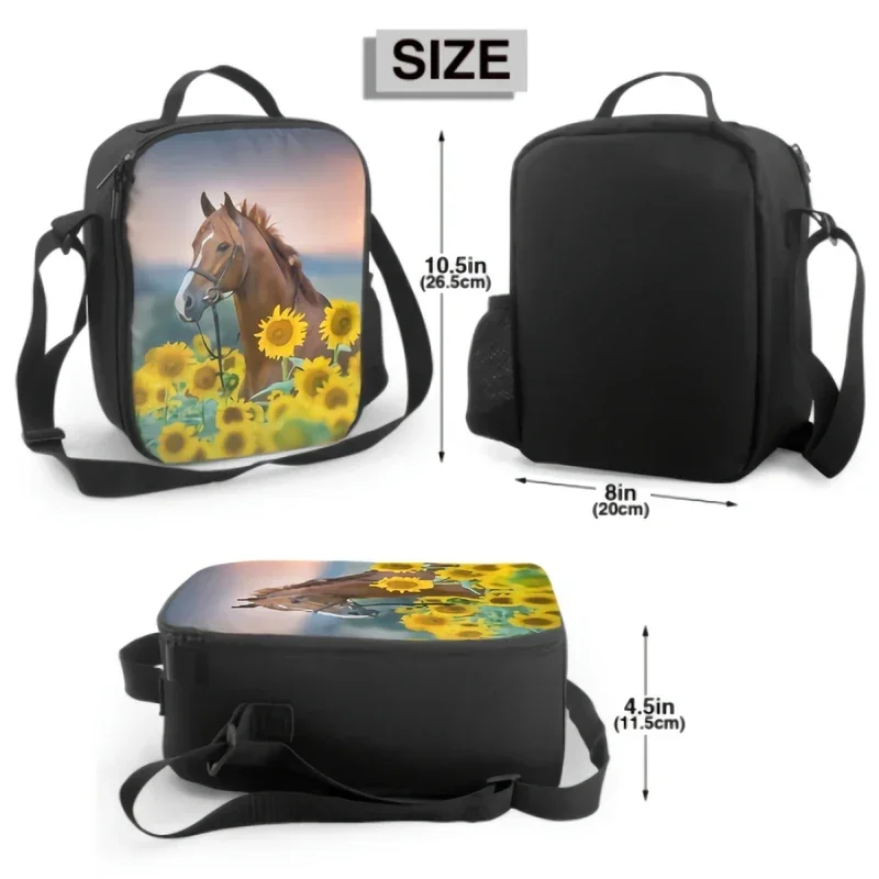 Bridle Portrait In Sunflowers Insulate Thermal Lunch Bags Washable Tote Crossbody Lunch Container Food Carrier for School Travel