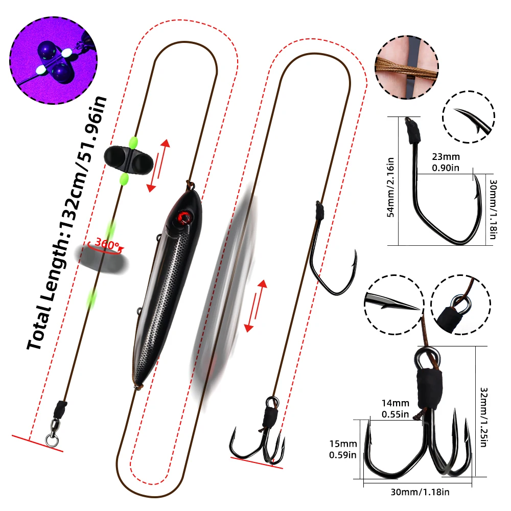 ZYZHE 1/2PCS Catfish Rigs with 5in Float Bait Single Catfish Hook Treble Hooks Live Bait Rigs Ideal For Catfish or Sea Fishing - view 2