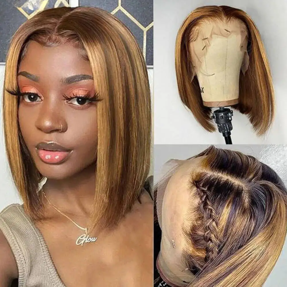 Osso reto bob perucas de cabelo humano ombre colorido 13x4 transparente frente do laço peruca de cabelo humano brasileiro 4/27 #   Destaque cabelo Remy