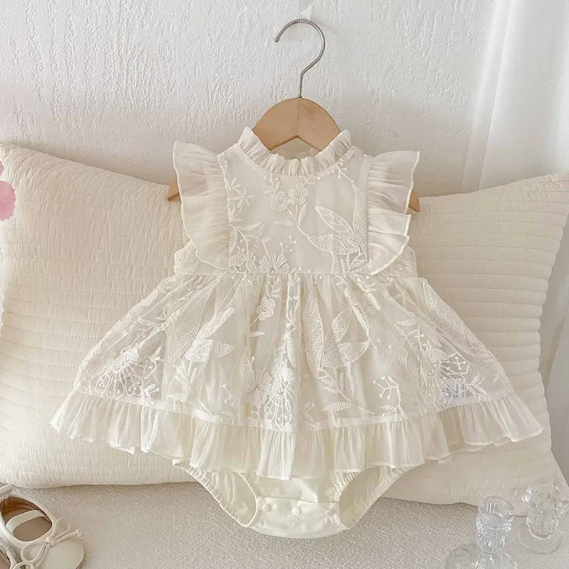 2025 New Summer Infant Baby Girls Bodysuits Sleeveless Cotton Mesh Splicing Toddler Baby Girls Jumpsuit 0-24M Children Clothes