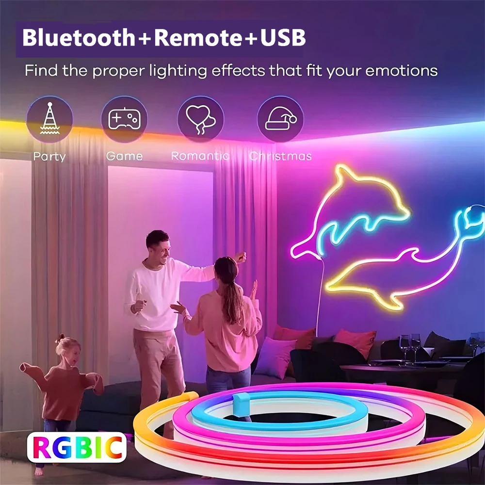 

Неоновая светодиодная лента 5 В USB RGBIC, неоновая лампа 1/2/3/5 м IP65 RGBIC с приложением Bluetooth и пультом дистанционного управления для неонового декоративного освещения своими руками