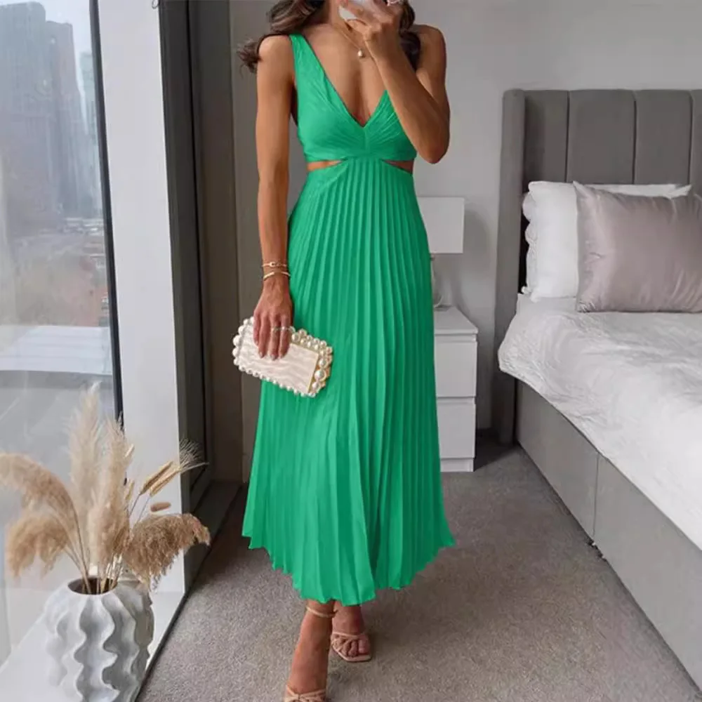 cloths for woman Women's hollow backless pleated skirt Elegant v collar sleeveless waist cinched pleated dress for summer