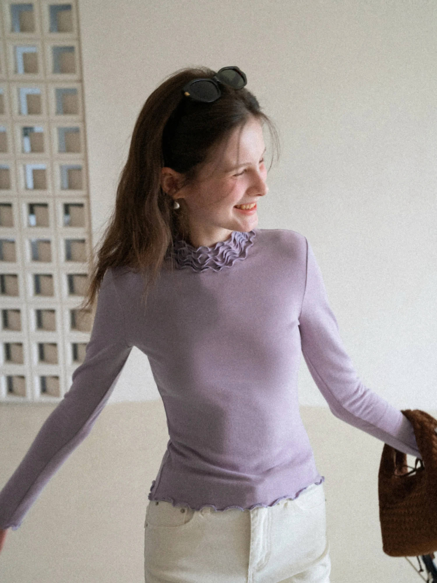 Eggka Purple Fleece Long Sleeve T-Shirt Half High Collar Slim Fit Casual Style Autumn Design Wooden  Versatile Inner Wear