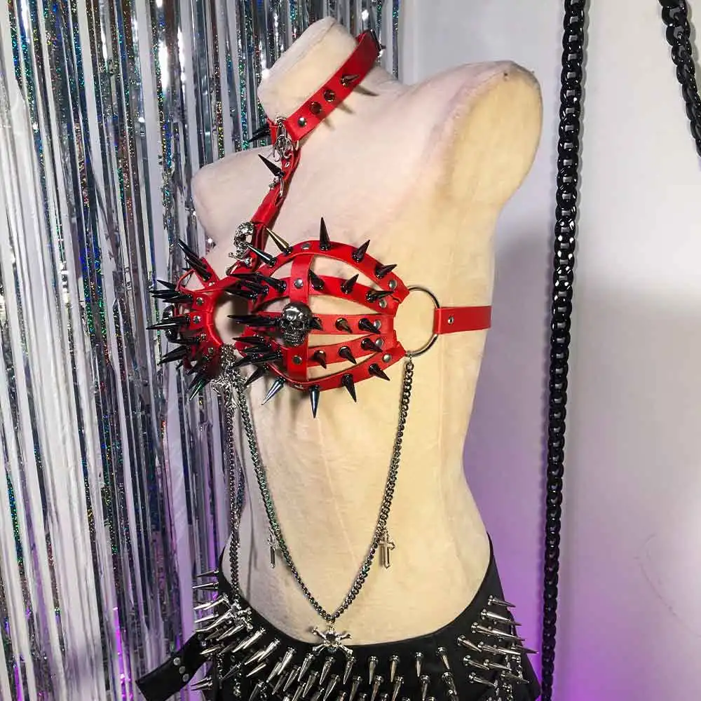 

Goth Skull Teen Y2K Vegan Leather TOPS E-Girls Harajuku Kawaii Gothic Punk Rock Studded Rivets Eco Cross Grunge 90s Emo