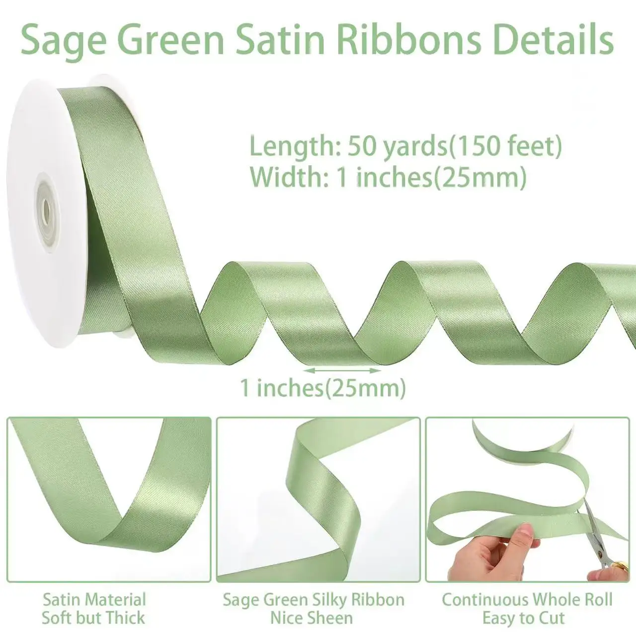 Sage Green Satin Ribbon 1 Inch, 50 Yards Solid Fabric Light Green Ribbon Stocking Stuffers for Gift Wrapping Flower Bouquet