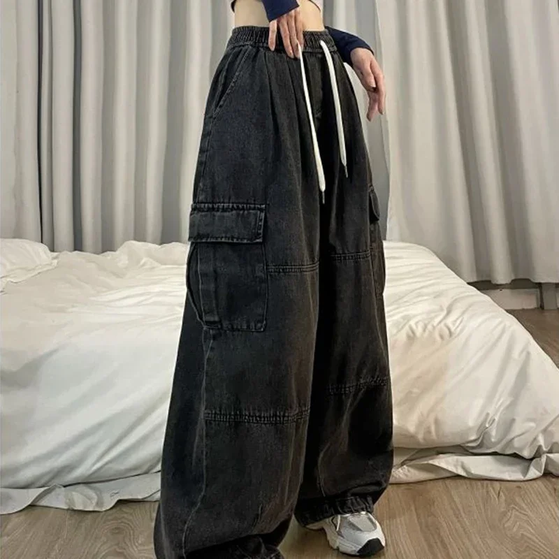 Harajuku Y2K Vintage Blue Cargo Jeans Women Elastic Waist Oversized Baggy Denim Pants Fall Drawstring Cotton Streetwear Trousers