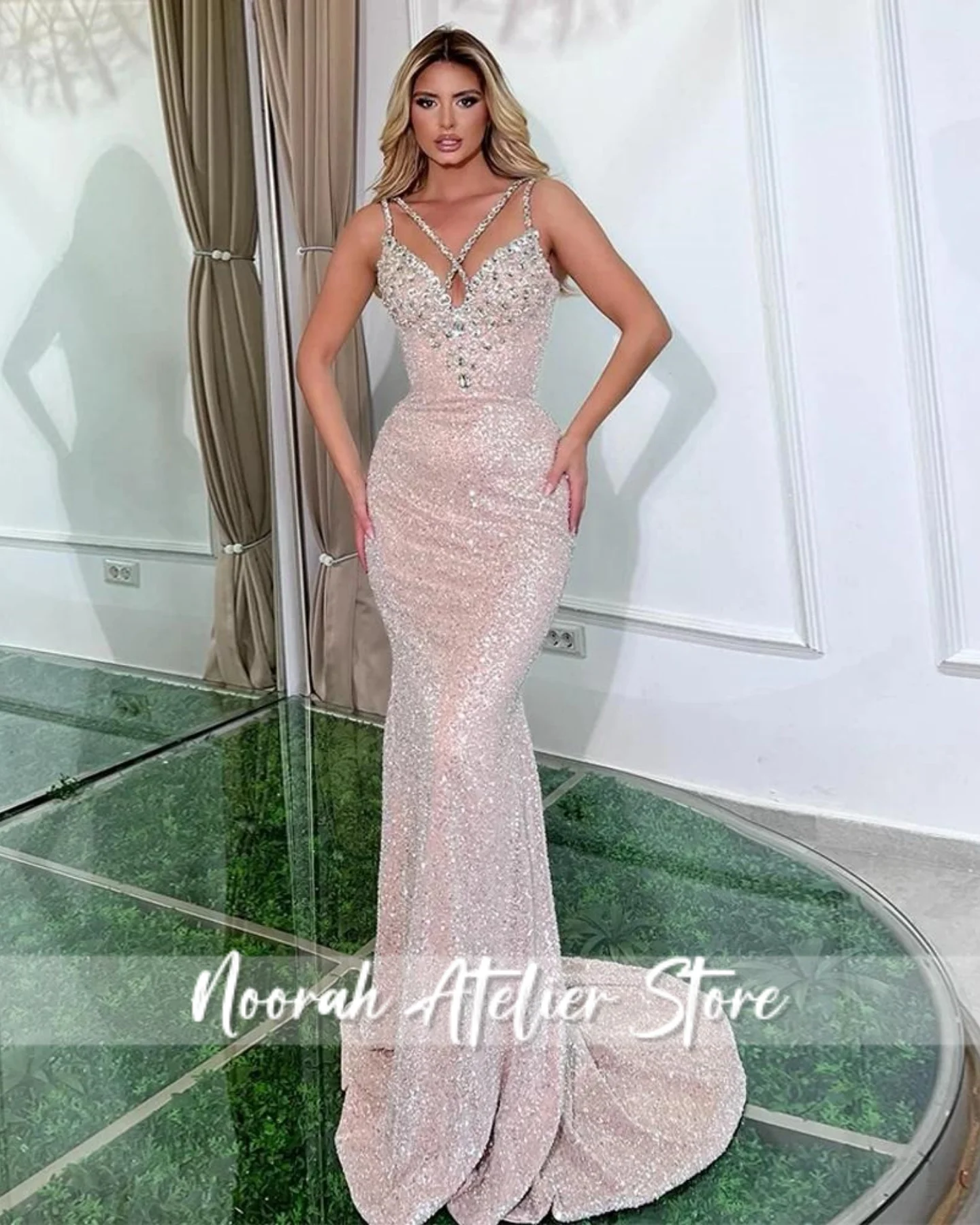 

Shiny Pink Halter Luxury Women's Evening Dresses 2025 Mermai Train Wedding Gown Saudi Arabia Strapless Long Vestidos Customized
