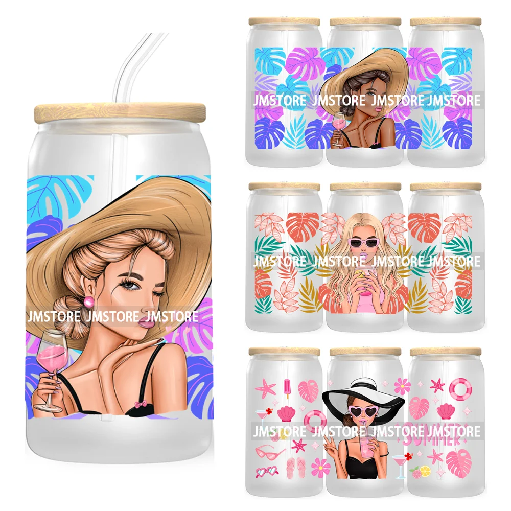 

Hot Girl Summer Lady UV DTF Sticker For 16OZ Libbey Glass Cup Can Wrap Transfer Stickers Custom Labels DIY Logo Woman With Hat