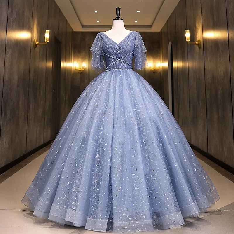 Women's Sexy Glitter V-neck Evening Dress Fashionable Slimming Banquet Pong Skirt Performance Beautiful Sound Big Swing Dress