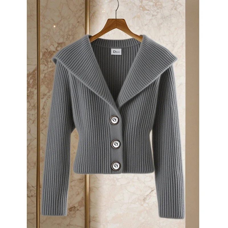 

Autumn Winter New Simple Commute V-neck Single Breasted Sweaters Women's Vintage Solid Thick Knitted Cardigan