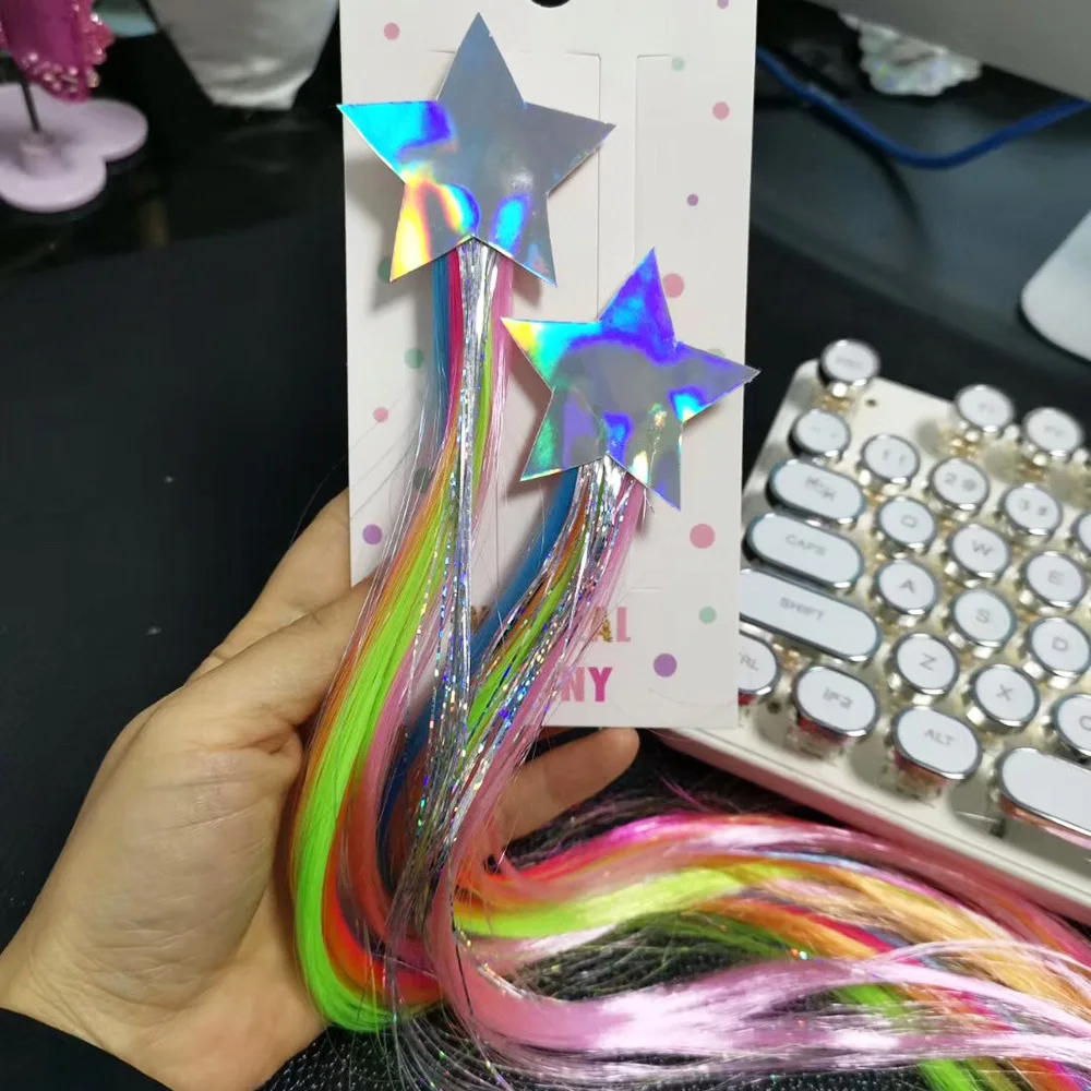 2pcs Colorful Wig Laser Tinsel Hair Extension Star Hair Clips for Girls Kids Cosplay stage performance Headdress Accessories