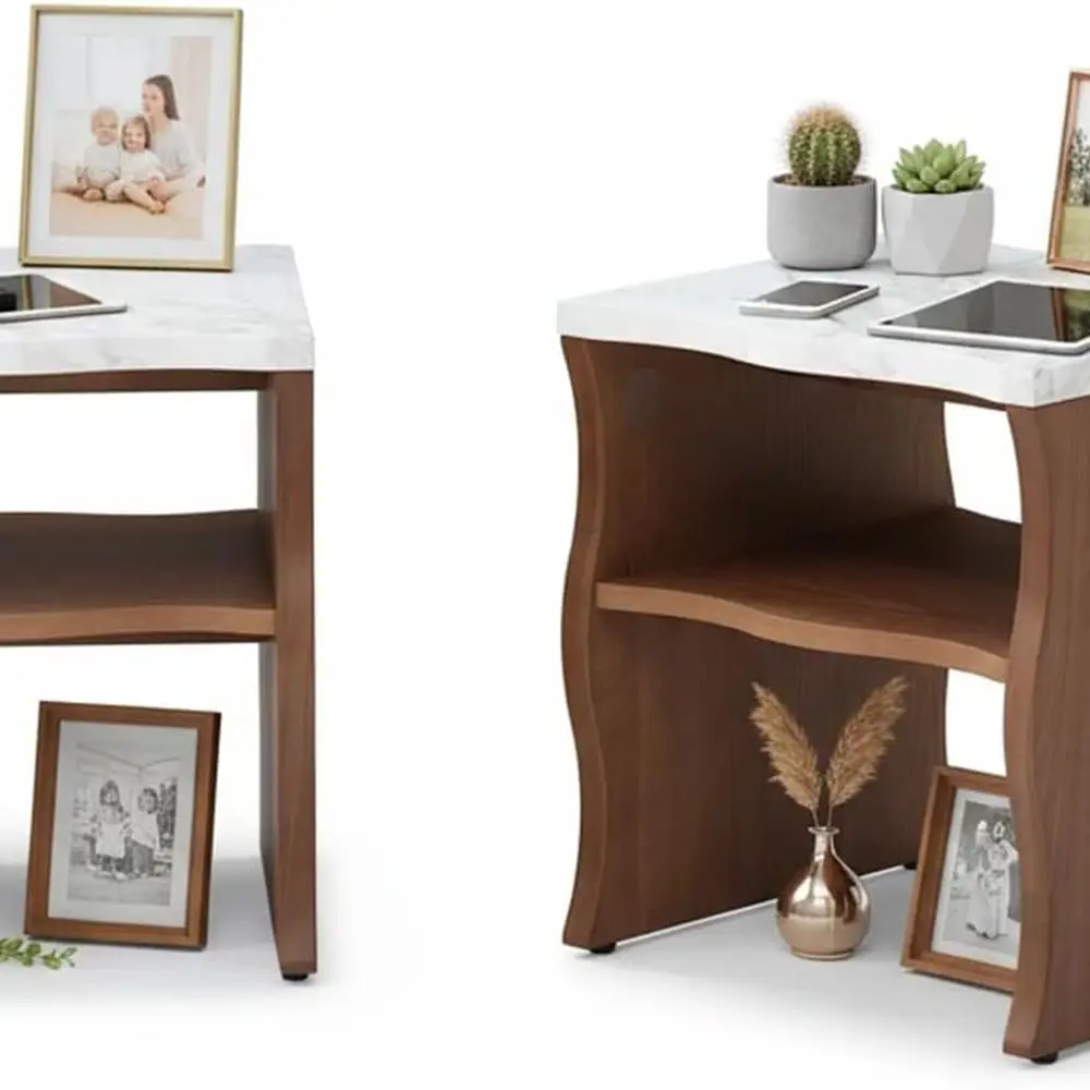 Pair of 17.72 Marble-Top Nightstands with Storage, Modern End Tables for Bedroom & Living Room, Walnut Finish