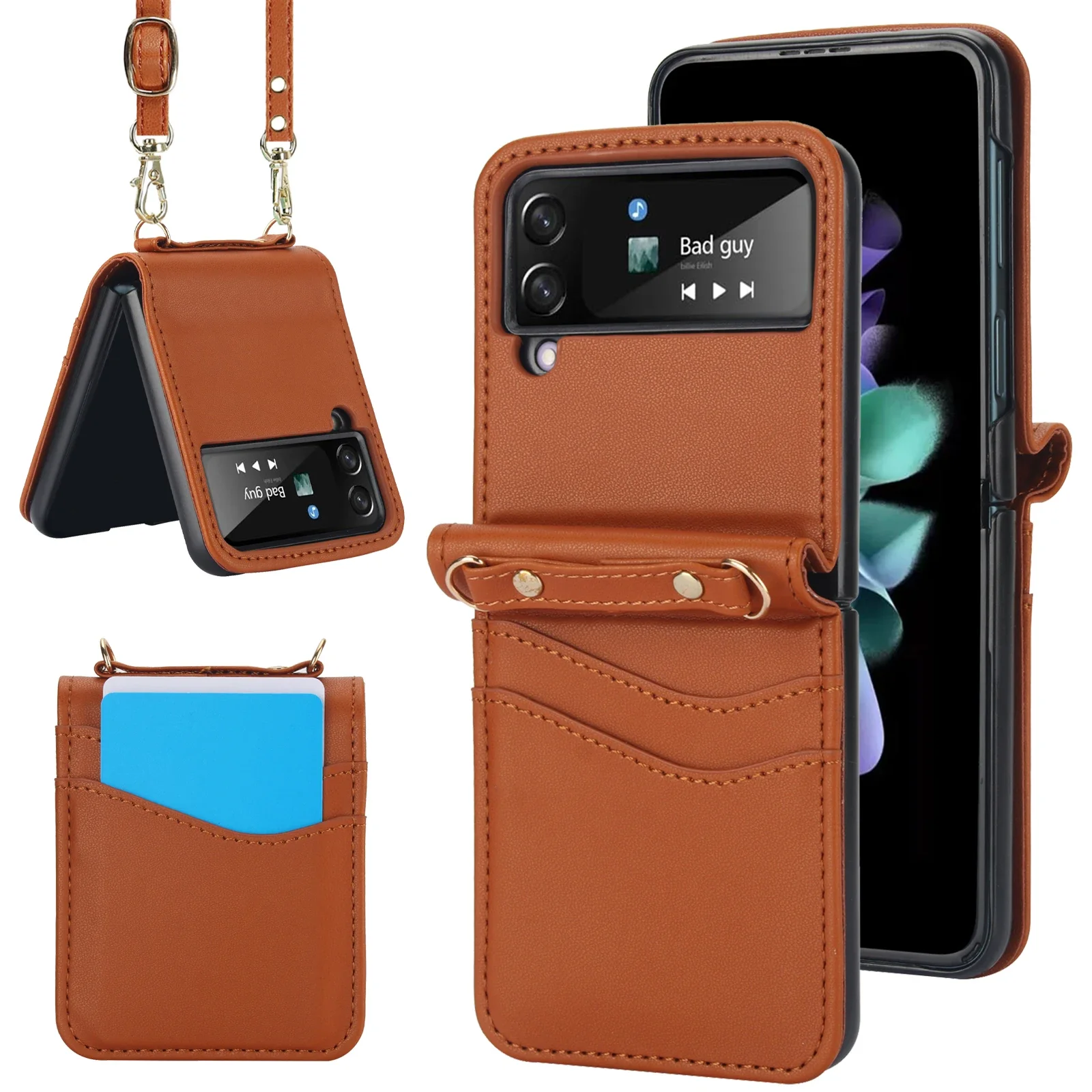 Crossbody Cards Solt Wallet Leather Case For Samsung Galaxy Z Flip 6 5 4 3 5G Flip5 Flip4 Slim Bag Long Lanyard Holder Cover