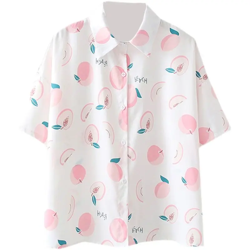 EBAIHUI Cute Peach Print Women Shirt Summer Loose Causal Ladies Short Sleeve Blouse Lapel Casual Holiday Style Cardigan Blusas