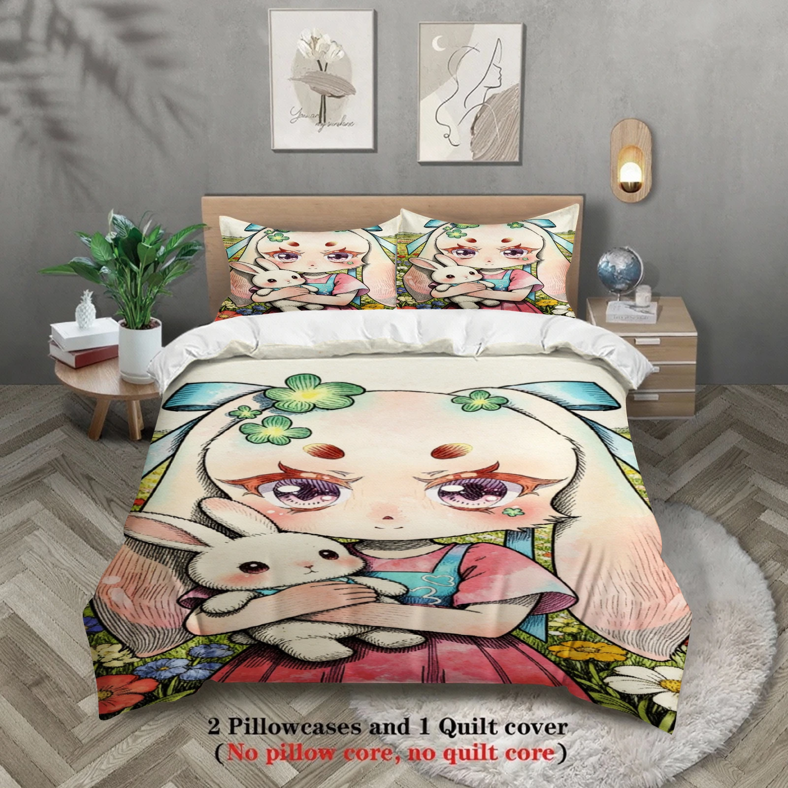 Softville Cozy Town 3PCS Bedding Sets Lop Rabbit Holding Rabbit Pint Duvet Cover No filling Cartoon Style Queen King Size