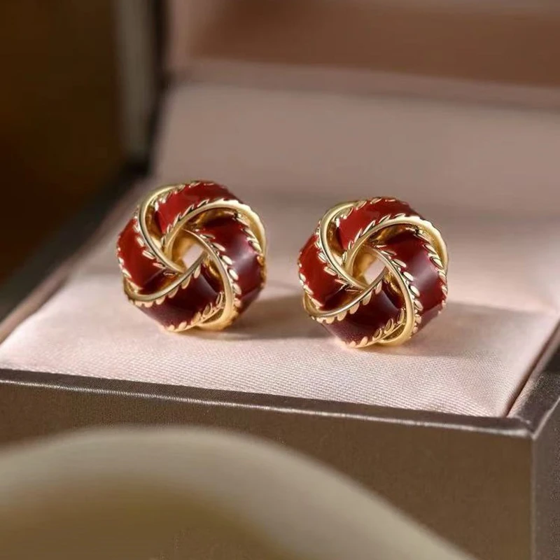 

925 Silver Needle Red Love Knot Stud Earrings For Women Party Classic Fine Jewelry Piercing Hole Light Luxury Accessories